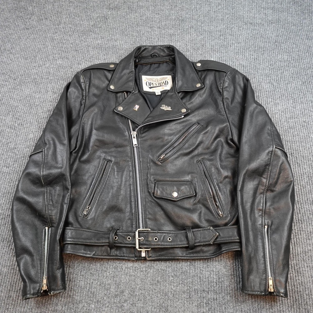 Vintage Open Road Leather Jacket Mens 42 Black Biker Belted Lined Motorcycle